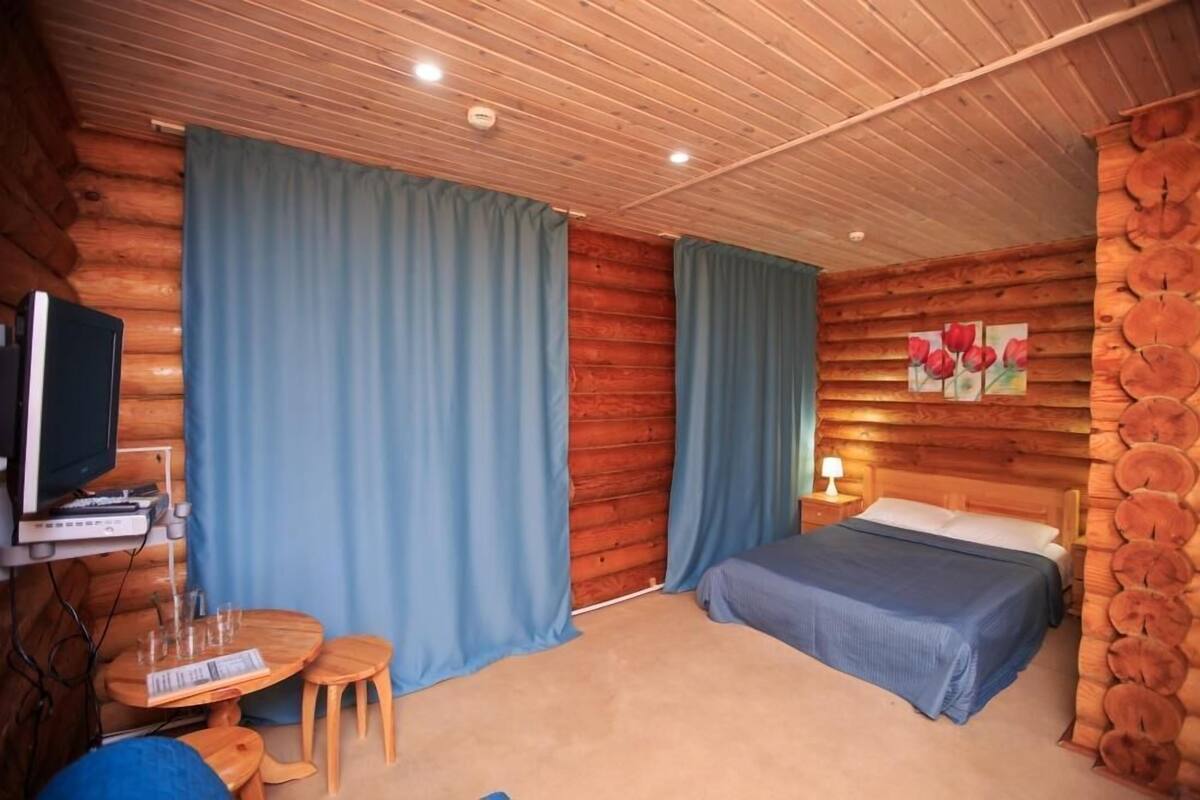 Habitación tipo cabaña de madera con una cama, un televisor, una pequeña mesa con sillas y un cuadro en la pared.