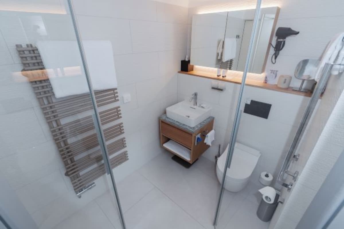 A modern bathroom with a glass shower enclosure, a wooden vanity, a toilet, and a mirror above the sink.