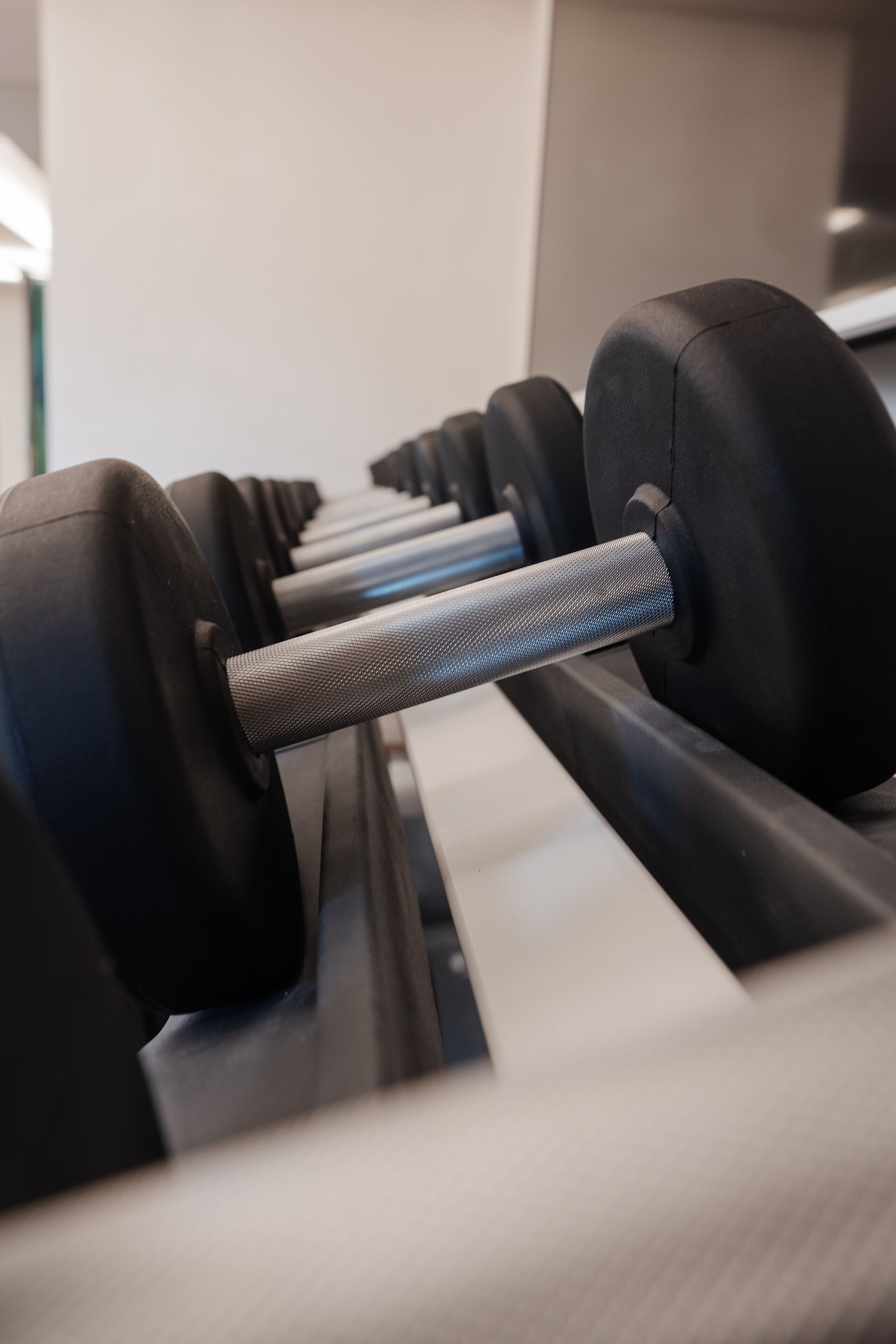 A row of black dumbbells on a rack.
