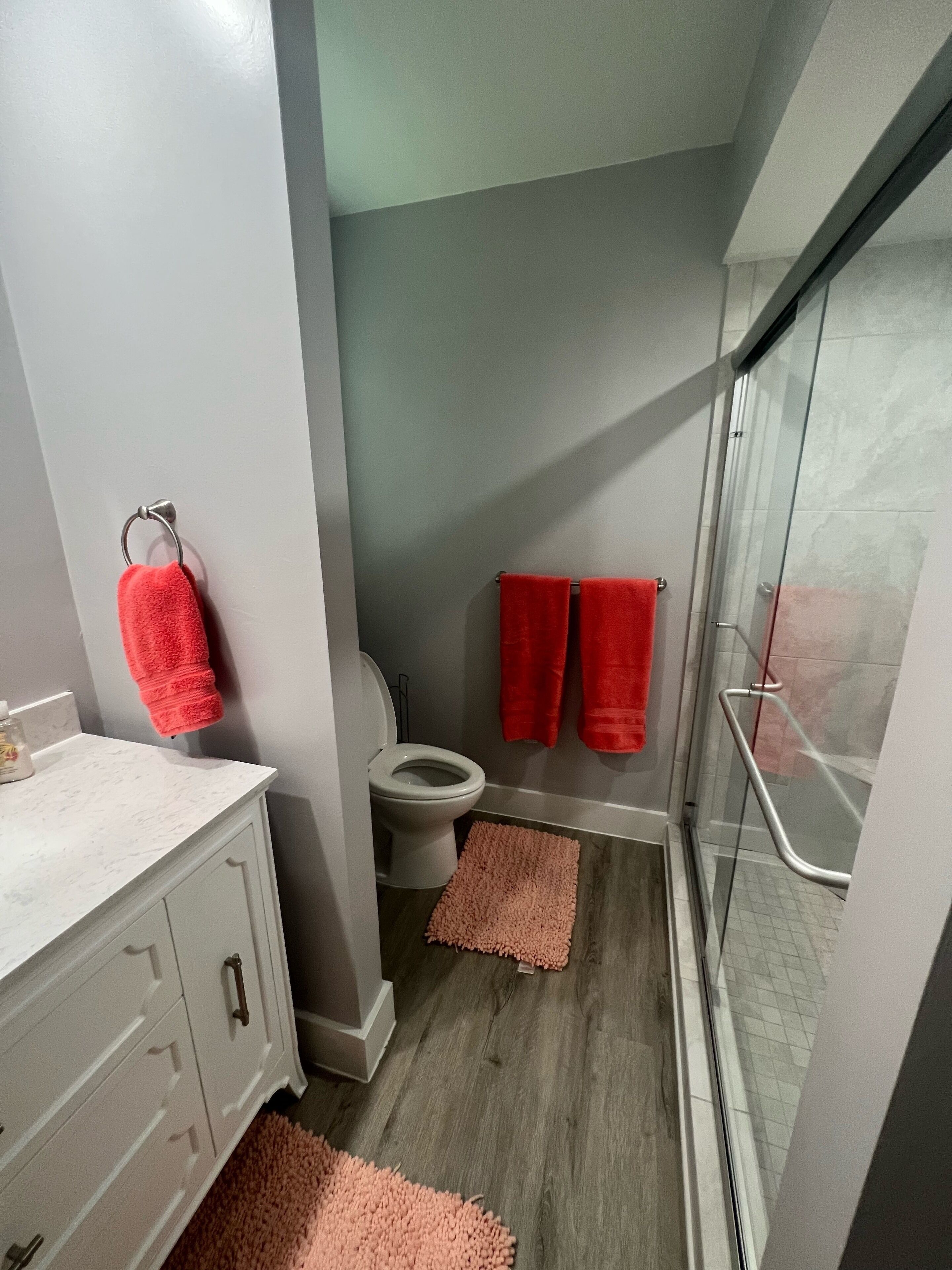 A bathroom with a toilet, a shower, and a vanity with a sink.