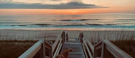 On the beach, sun-loungers, beach towels