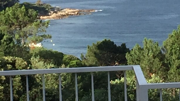 A coastal view with a balcony overlooking the sea, greenery, and distant rocky formations.