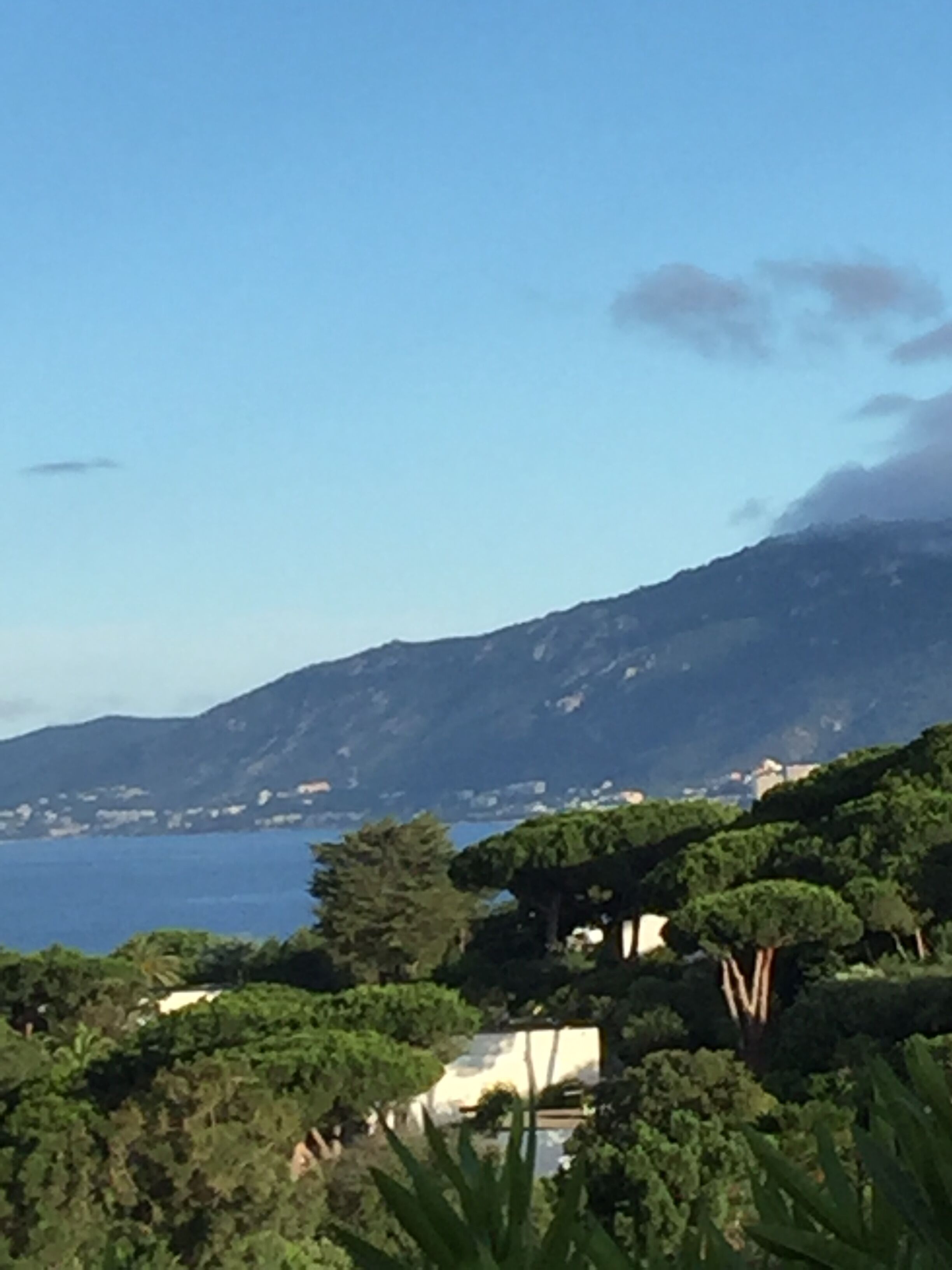A coastal landscape with a clear sky, a body of water, and a mountainous backdrop.