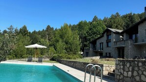 A swimming pool with a stone wall and a metal ladder, surrounded by a stone building and lush greenery.
