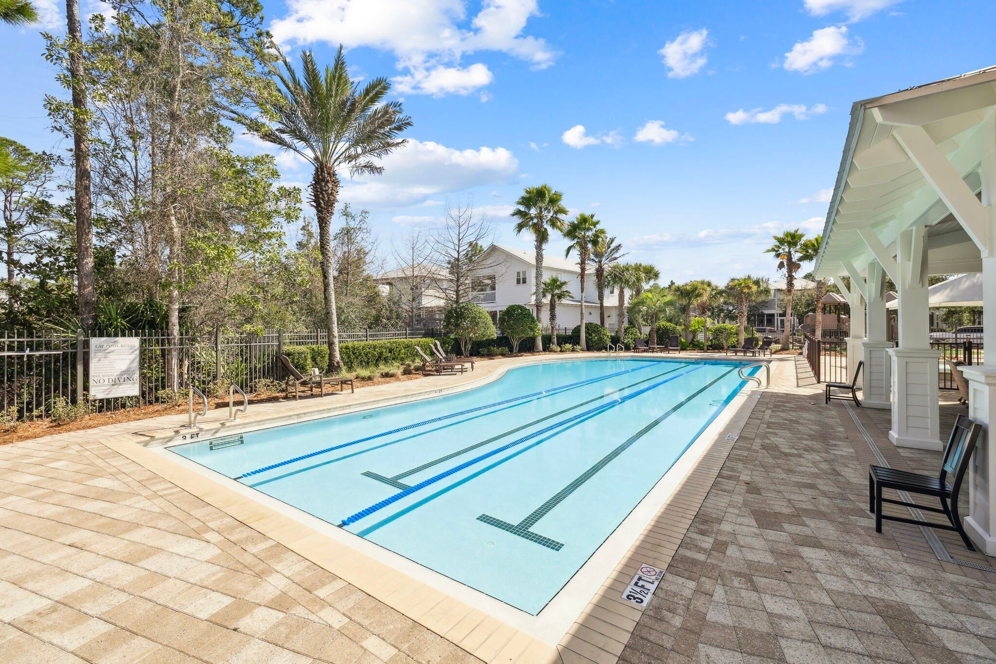 A swimming pool with a no diving sign, surrounded by palm trees and a covered seating area.