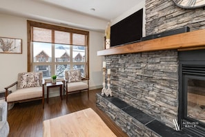 Smart TV, fireplace, books