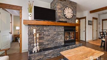 TV connectée, cheminée, livres