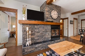 Smart TV, fireplace, books