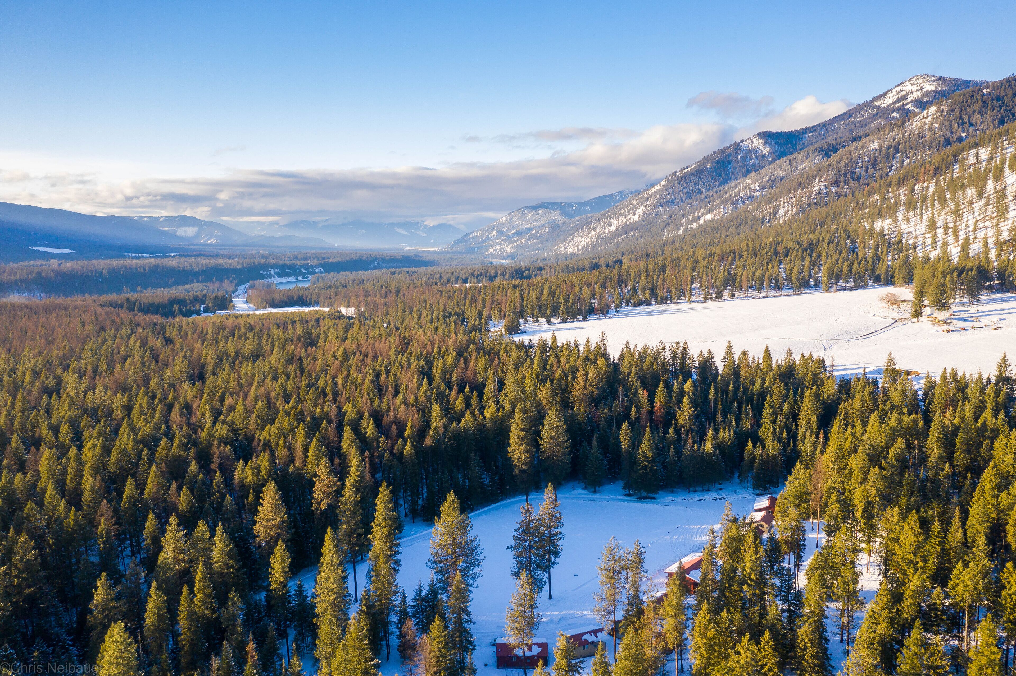 A mountainous landscape with dense forests and a snow-covered field.