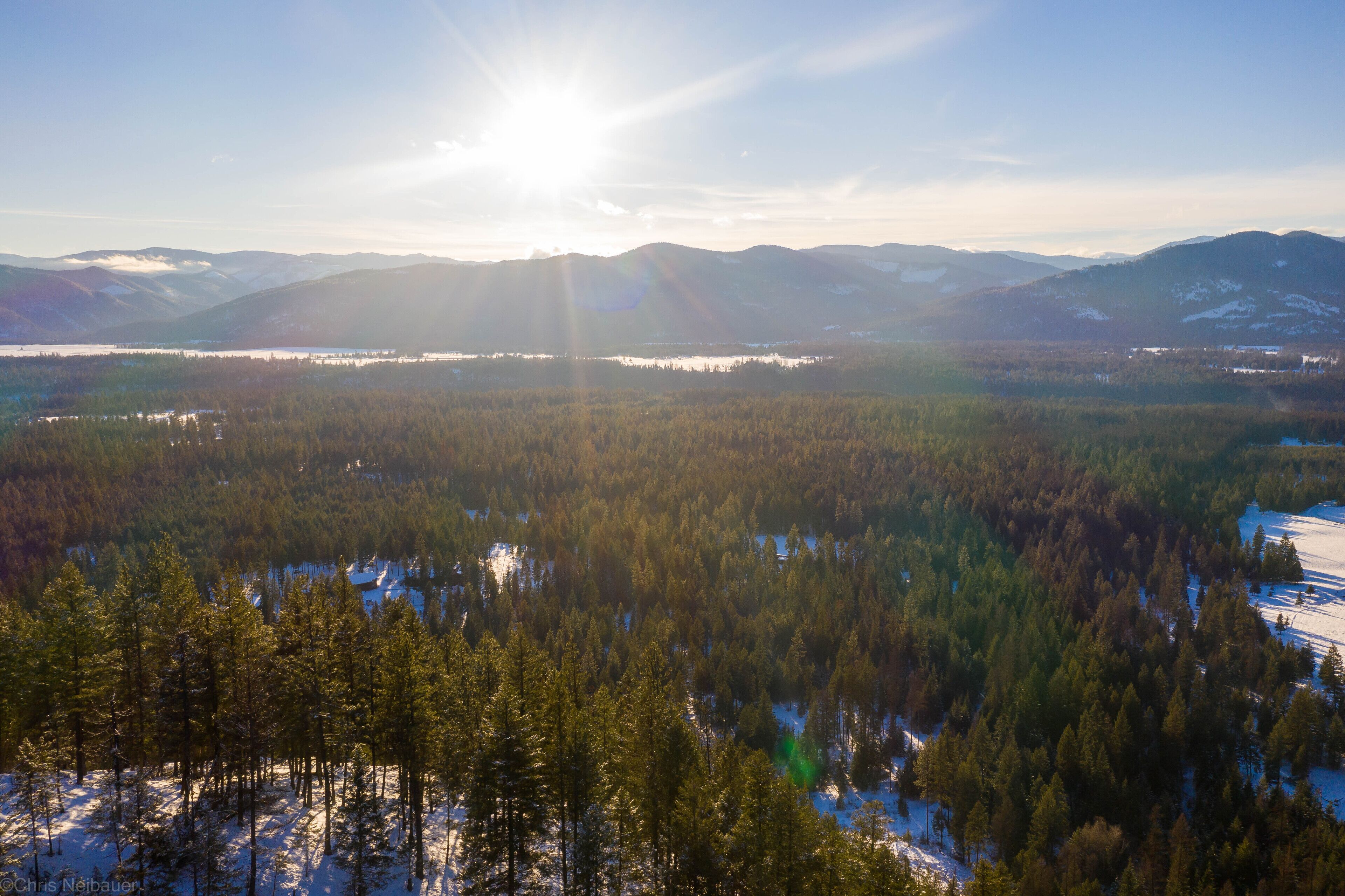 Vista panorámica de un paisaje boscoso con un lago y montañas al fondo.
