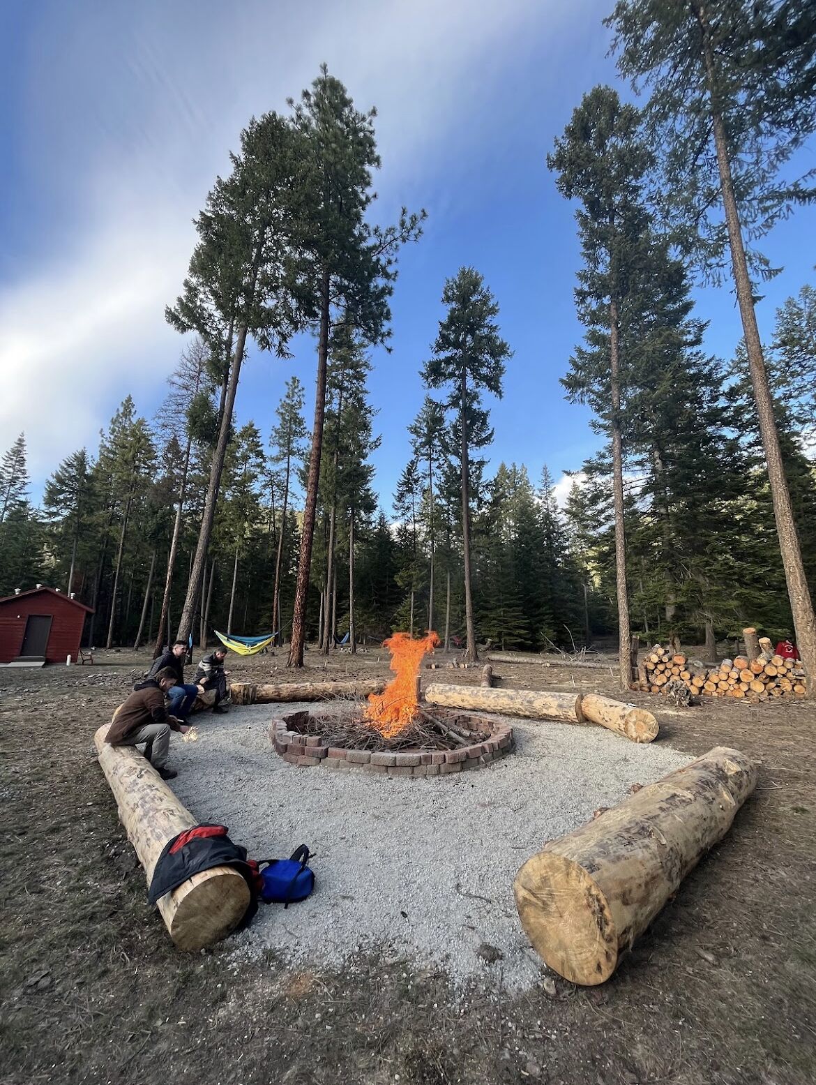 A campfire surrounded by logs and a red cabin in a forest.