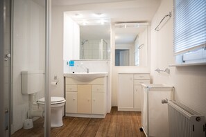 Dusche, Haartrockner, Handtücher, Seife