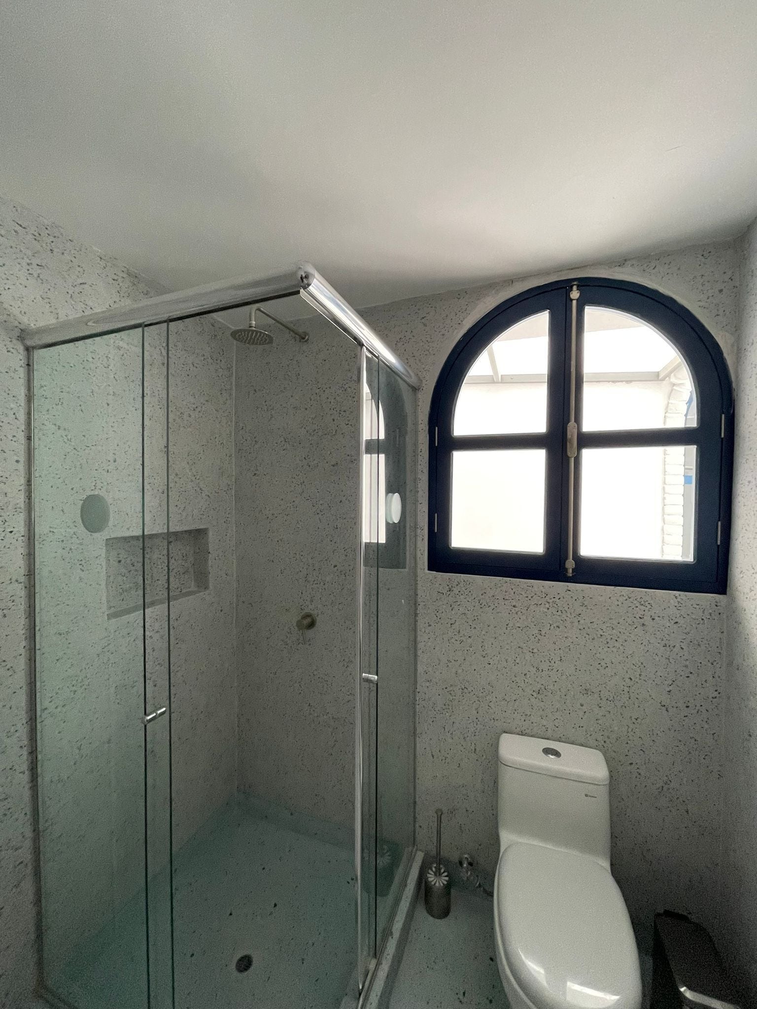 A bathroom with a glass-enclosed shower, a toilet, and a window with a dark frame.