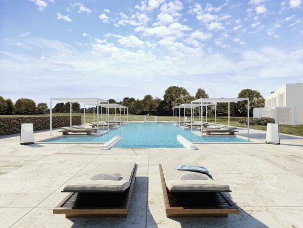Seasonal outdoor pool, pool umbrellas, pool loungers