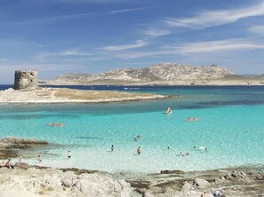 A coastal beach with clear turquoise waters, rocky shorelines, and a historical tower in the background. - Capo Falcone Charming Apartments (Stintino)