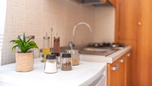 A kitchen counter with a potted plant, salt shakers, and a stove. - Quirino's House Taormina Center (Taormina)