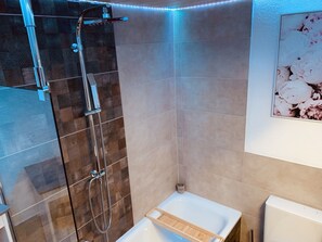 Bathtub, hair dryer, towels, soap
