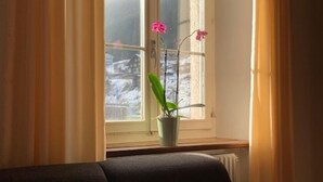Tunnelmallinen huone, jossa on suuri ikkuna, musta sohva ja punainen tyyny.