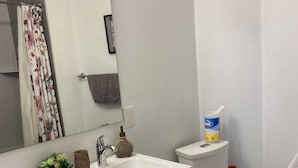 A modern bathroom with a white sink, two mirrors, a toilet, and a shower curtain.
