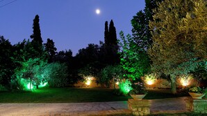 Ein beleuchteter Garten bei Nacht mit Bäumen und einem gepflasterten Weg.