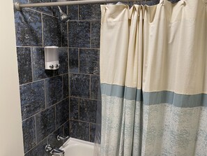 Combined shower/tub, hair dryer, towels, soap