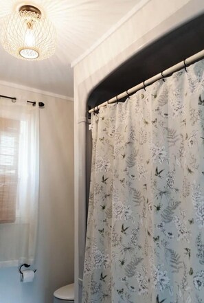 Combined shower/tub, hair dryer, towels, soap