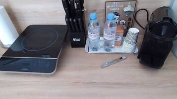 Microwave, coffee/tea maker, cookware/dishes/utensils