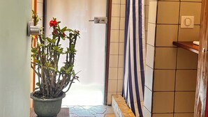 A bathroom with a shower, tiled walls, a potted plant, and a door. - Orama Lodge Bora Bora - Le Fare  (Bora-Bora)