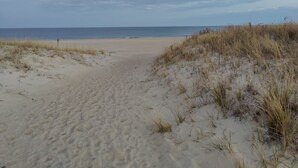 A sandy beach with dunes and a clear view of the ocean.