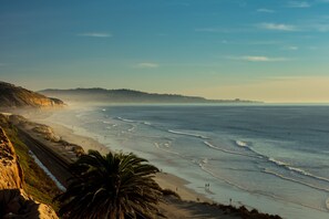 Un paysage côtier avec une plage, des vagues et une colline qui se dessine à l’horizon.