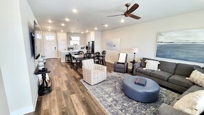 Smart TV, fireplace, books