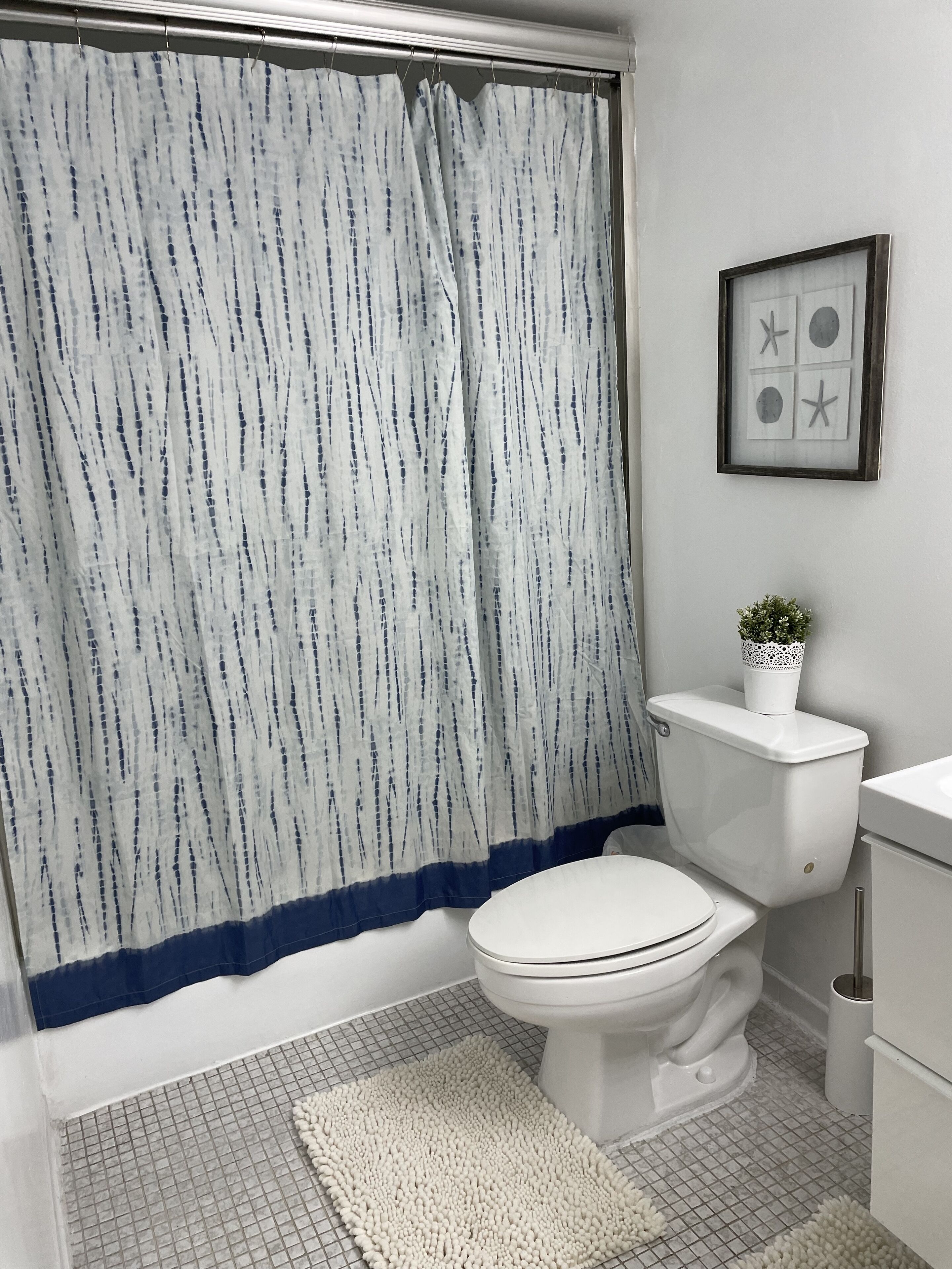 A bathroom with a white toilet, a shower curtain, a small potted plant, and a framed picture on the wall.