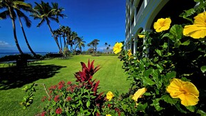 Ein Hotel mit gepflegter Rasenfläche, Palmen und gelben Blüten im Vordergrund.