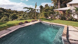 Una piscina azul cristalina, con borde de piedra, rodeada de exuberante follaje y palmeras, bajo un cielo despejado.