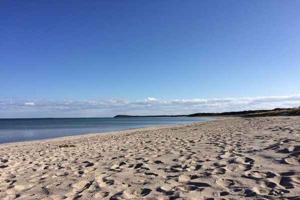 A sandy beach with footprints leading to the water, a clear sky, and a distant landmass. - Close to the beach, balcony, free AHOI adventure pool - Strandresidenz Brandenburg FeWo 07 (Göhren)