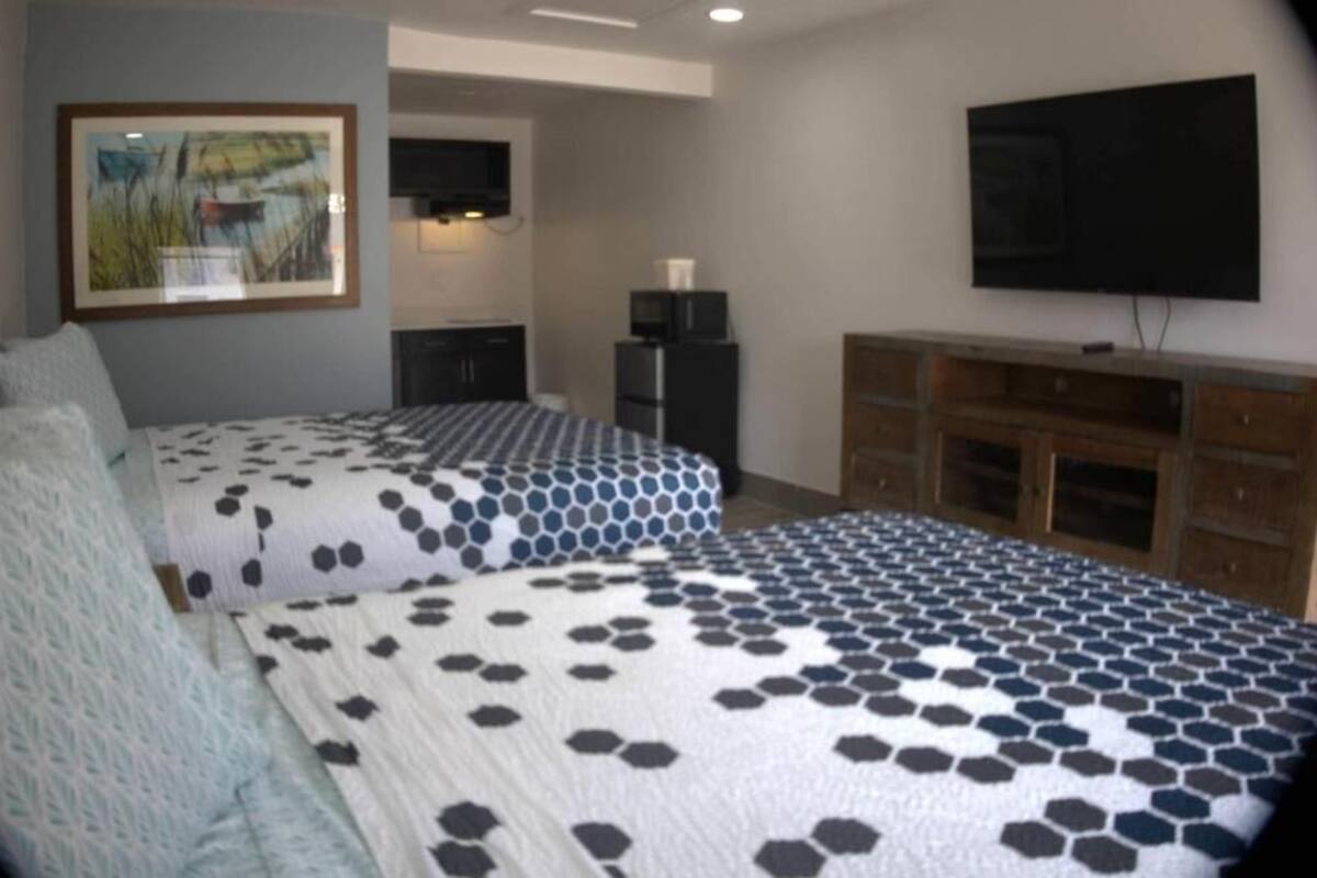 A bedroom with two beds, a TV, a microwave, and a refrigerator.