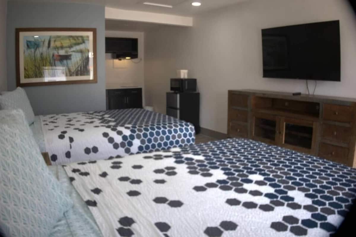 A bedroom with two beds, a TV, a microwave, and a refrigerator.