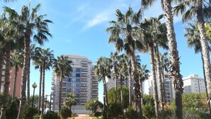 Un chemin bordé de palmiers menant à un bâtiment moderne doté de balcons.