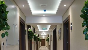 Un corridoio d'hotel con tappeto a motivi, illuminazione a incasso e piante in vaso su entrambi i lati.