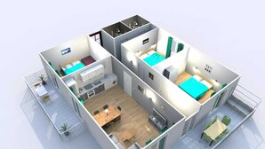 Ein 3D-Modell einer modernen Wohnung mit Küche, zwei Schlafzimmern, einem Wohnbereich und einem Balkon.