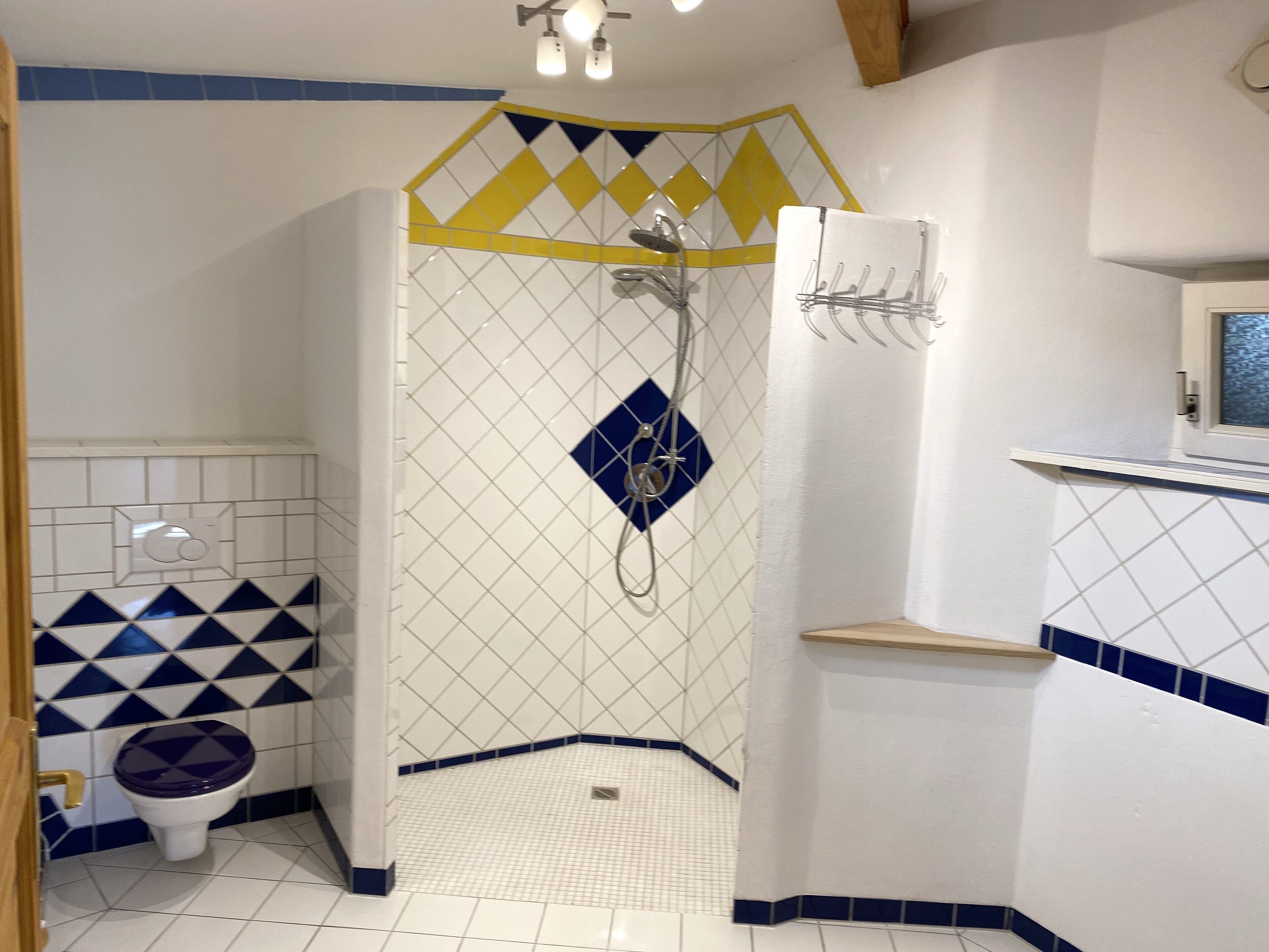 Een badkamer met douche, toilet en wastafel.