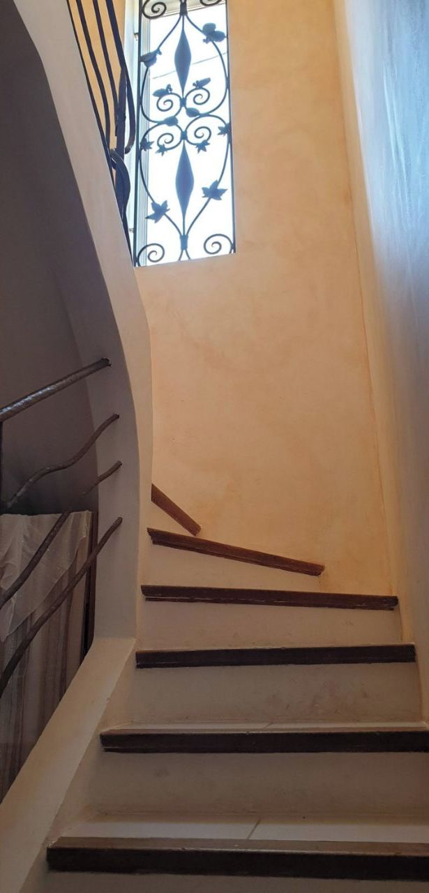 Un escalier avec une rampe en métal et une fenêtre décorative.