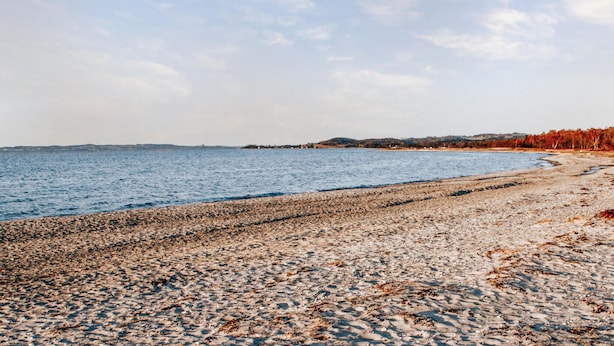 Une plage de galets bordée par une mer calme et des collines lointaines.