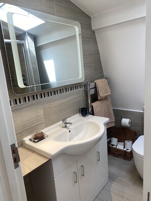 Uma casa de banho moderna com um espelho grande, uma pia, uma sanita e um pequeno espaço de armazenamento.