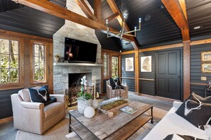 Smart TV, fireplace, books