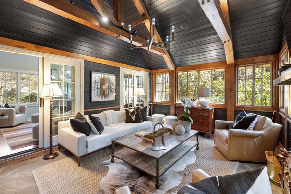 Smart TV, chimenea y libros 