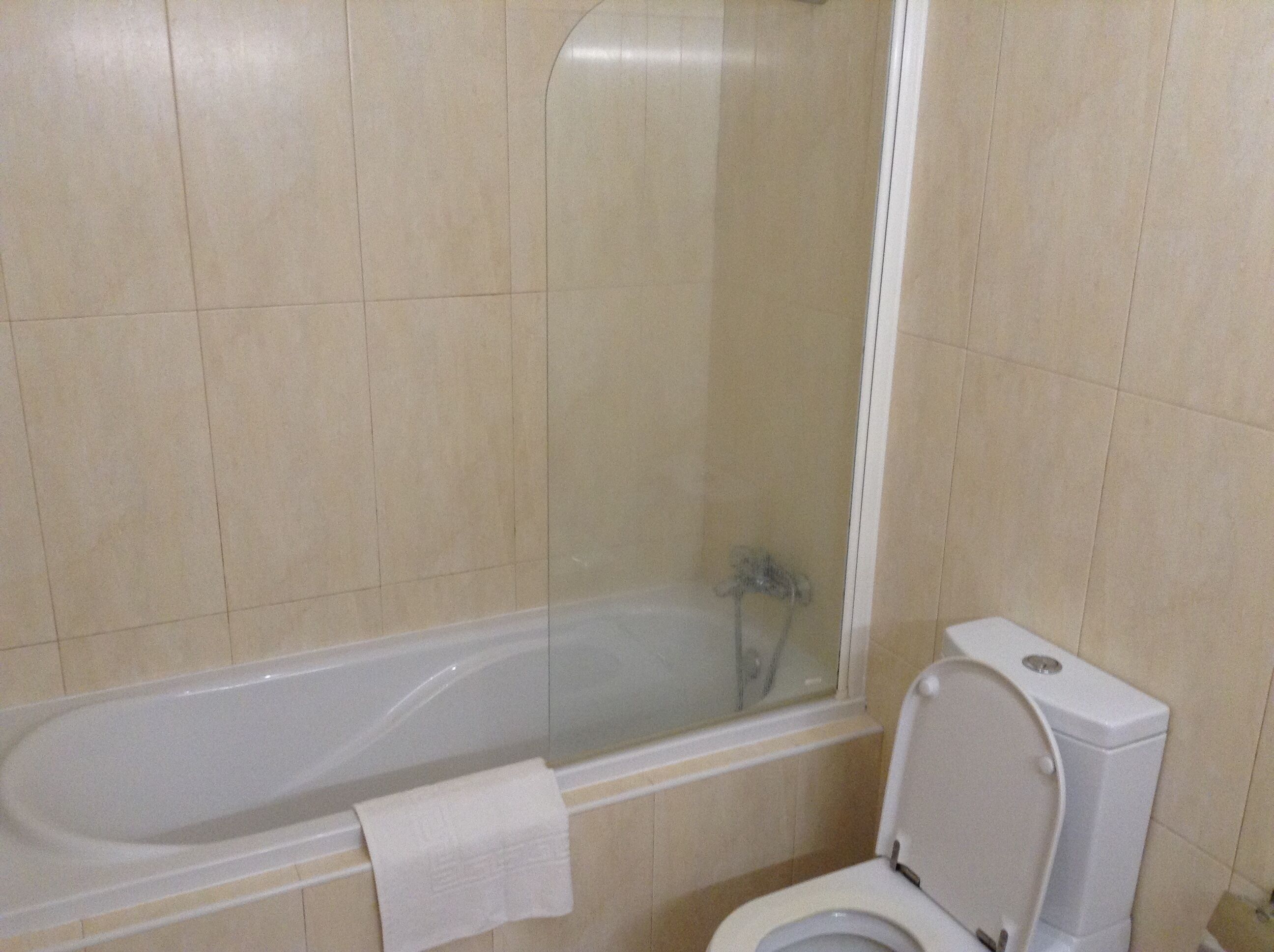 Combined shower/tub, hair dryer, bidet, towels