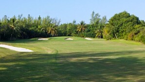 A golf course with sand bunkers, a well-maintained green, and a backdrop of dense tropical trees. - Beach Front Villa (Abaco)