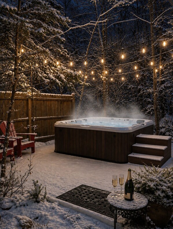 A hot tub surrounded by snow-covered trees, with a wooden fence and outdoor seating.