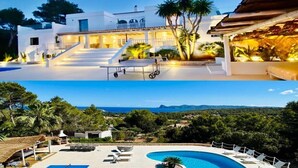En modern villa med pool, utomhusmöbler och utsikt över havet.